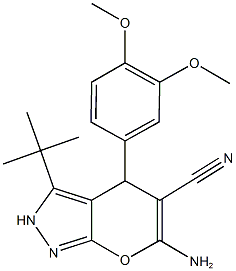 6-amino-3-(tert-butyl)-4-(3,4-dimethoxyphenyl)-2,4-dihydropyrano[2,3-c]pyrazole-5-carbonitrile 结构式