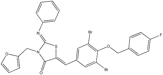 5-{3,5-dibromo-4-[(4-fluorobenzyl)oxy]benzylidene}-3-(2-furylmethyl)-2-(phenylimino)-1,3-thiazolidin-4-one,,结构式