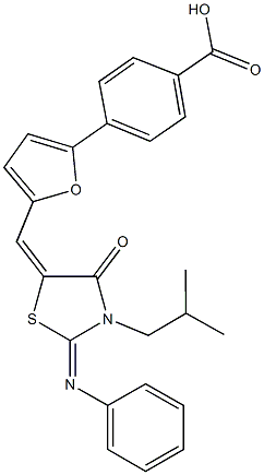 4-(5-{[3-isobutyl-4-oxo-2-(phenylimino)-1,3-thiazolidin-5-ylidene]methyl}-2-furyl)benzoic acid Struktur