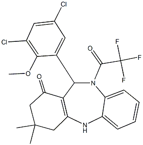 11-(3,5-dichloro-2-methoxyphenyl)-3,3-dimethyl-10-(trifluoroacetyl)-2,3,4,5,10,11-hexahydro-1H-dibenzo[b,e][1,4]diazepin-1-one Struktur