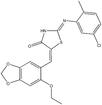 2-[(5-chloro-2-methylphenyl)imino]-5-[(6-ethoxy-1,3-benzodioxol-5-yl)methylene]-1,3-thiazolidin-4-one,,结构式