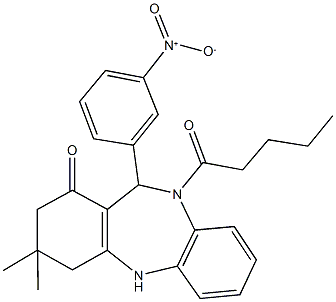 11-{3-nitrophenyl}-3,3-dimethyl-10-pentanoyl-2,3,4,5,10,11-hexahydro-1H-dibenzo[b,e][1,4]diazepin-1-one Struktur