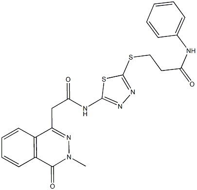 3-[(5-{[(3-methyl-4-oxo-3,4-dihydro-1-phthalazinyl)acetyl]amino}-1,3,4-thiadiazol-2-yl)sulfanyl]-N-phenylpropanamide Struktur