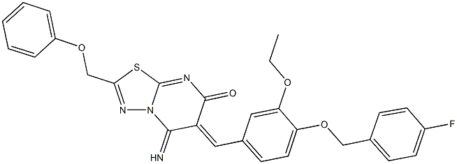 6-{3-ethoxy-4-[(4-fluorobenzyl)oxy]benzylidene}-5-imino-2-(phenoxymethyl)-5,6-dihydro-7H-[1,3,4]thiadiazolo[3,2-a]pyrimidin-7-one Struktur