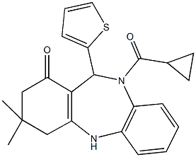 10-(cyclopropylcarbonyl)-3,3-dimethyl-11-(2-thienyl)-2,3,4,5,10,11-hexahydro-1H-dibenzo[b,e][1,4]diazepin-1-one Structure