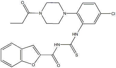 N-(1-benzofuran-2-ylcarbonyl)-N'-[5-chloro-2-(4-propionyl-1-piperazinyl)phenyl]thiourea 化学構造式