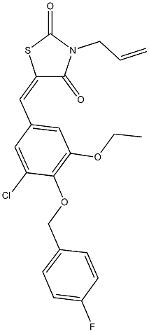 3-allyl-5-{3-chloro-5-ethoxy-4-[(4-fluorobenzyl)oxy]benzylidene}-1,3-thiazolidine-2,4-dione,,结构式