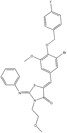 5-{3-bromo-4-[(4-fluorobenzyl)oxy]-5-methoxybenzylidene}-3-(2-methoxyethyl)-2-(phenylimino)-1,3-thiazolidin-4-one Structure