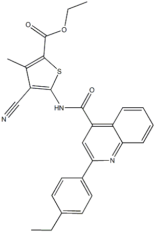 ethyl 4-cyano-5-({[2-(4-ethylphenyl)-4-quinolinyl]carbonyl}amino)-3-methyl-2-thiophenecarboxylate Struktur