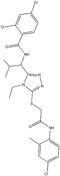 2,4-dichloro-N-[1-(5-{[2-(4-chloro-2-methylanilino)-2-oxoethyl]sulfanyl}-4-ethyl-4H-1,2,4-triazol-3-yl)-2-methylpropyl]benzamide 化学構造式