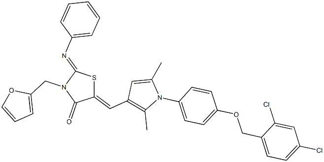 5-[(1-{4-[(2,4-dichlorobenzyl)oxy]phenyl}-2,5-dimethyl-1H-pyrrol-3-yl)methylene]-3-(2-furylmethyl)-2-(phenylimino)-1,3-thiazolidin-4-one Structure
