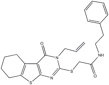 2-[(3-allyl-4-oxo-3,4,5,6,7,8-hexahydro[1]benzothieno[2,3-d]pyrimidin-2-yl)sulfanyl]-N-(2-phenylethyl)acetamide 化学構造式