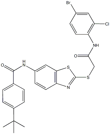 N-(2-{[2-(4-bromo-2-chloroanilino)-2-oxoethyl]sulfanyl}-1,3-benzothiazol-6-yl)-4-tert-butylbenzamide 化学構造式