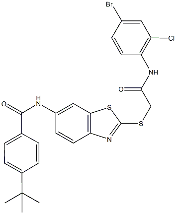 N-(2-{[2-(4-bromo-2-chloroanilino)-2-oxoethyl]sulfanyl}-1,3-benzothiazol-6-yl)-4-tert-butylbenzamide Structure