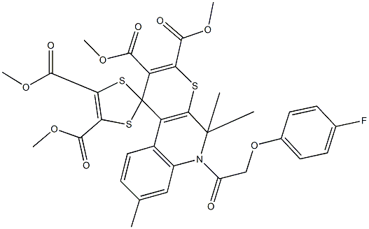 tetramethyl 6'-[(4-fluorophenoxy)acetyl]-5',5',8'-trimethyl-5',6'-dihydrospiro[1,3-dithiole-2,1'-(1'H)-thiopyrano[2,3-c]quinoline]-2',3',4,5-tetracarboxylate Structure
