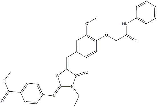 methyl 4-({5-[4-(2-anilino-2-oxoethoxy)-3-methoxybenzylidene]-3-ethyl-4-oxo-1,3-thiazolidin-2-ylidene}amino)benzoate 化学構造式