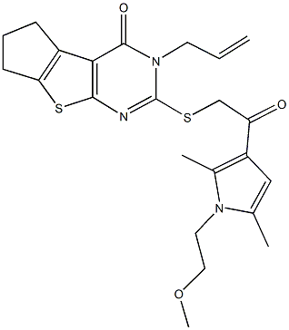 3-allyl-2-({2-[1-(2-methoxyethyl)-2,5-dimethyl-1H-pyrrol-3-yl]-2-oxoethyl}sulfanyl)-3,5,6,7-tetrahydro-4H-cyclopenta[4,5]thieno[2,3-d]pyrimidin-4-one,,结构式