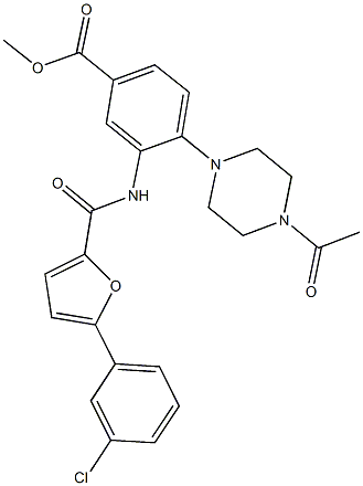 methyl 4-(4-acetyl-1-piperazinyl)-3-{[5-(3-chlorophenyl)-2-furoyl]amino}benzoate 化学構造式