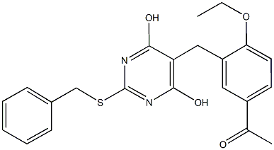 1-(3-{[2-(benzylsulfanyl)-4,6-dihydroxy-5-pyrimidinyl]methyl}-4-ethoxyphenyl)ethanone,,结构式