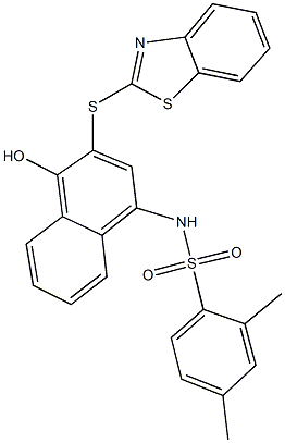 N-[3-(1,3-benzothiazol-2-ylsulfanyl)-4-hydroxy-1-naphthyl]-2,4-dimethylbenzenesulfonamide 化学構造式
