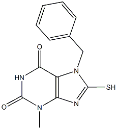 7-benzyl-3-methyl-8-sulfanyl-3,7-dihydro-1H-purine-2,6-dione,,结构式