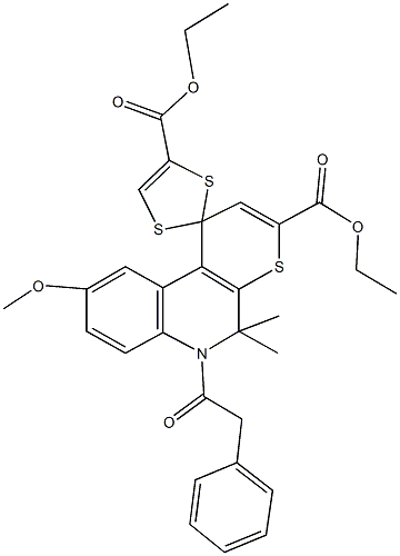 diethyl 5,5-dimethyl-9-methoxy-6-(phenylacetyl)-5,6-dihydrospiro(1H-thiopyrano[2,3-c]quinoline-1,2'-[1,3]-dithiole)-3,4'-dicarboxylate Struktur