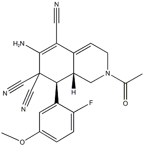 2-acetyl-6-amino-8-(2-fluoro-5-methoxyphenyl)-2,3,8,8a-tetrahydro-5,7,7(1H)-isoquinolinetricarbonitrile Struktur