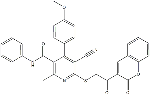 5-cyano-4-(4-methoxyphenyl)-2-methyl-6-{[2-oxo-2-(2-oxo-2H-chromen-3-yl)ethyl]sulfanyl}-N-phenylnicotinamide 化学構造式