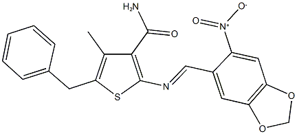 5-benzyl-2-[({6-nitro-1,3-benzodioxol-5-yl}methylene)amino]-4-methyl-3-thiophenecarboxamide Structure