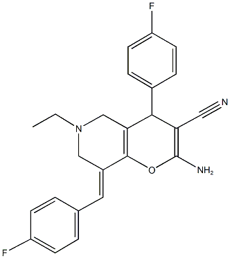 2-amino-6-ethyl-8-(4-fluorobenzylidene)-4-(4-fluorophenyl)-5,6,7,8-tetrahydro-4H-pyrano[3,2-c]pyridine-3-carbonitrile 结构式