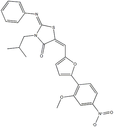 5-[(5-{4-nitro-2-methoxyphenyl}-2-furyl)methylene]-3-isobutyl-2-(phenylimino)-1,3-thiazolidin-4-one,,结构式