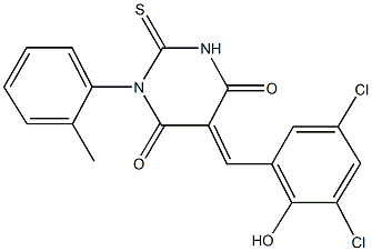 5-(3,5-dichloro-2-hydroxybenzylidene)-1-(2-methylphenyl)-2-thioxodihydro-4,6(1H,5H)-pyrimidinedione Struktur