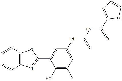 N-[3-(1,3-benzoxazol-2-yl)-4-hydroxy-5-methylphenyl]-N'-(2-furoyl)thiourea 化学構造式