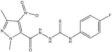 N-(4-fluorophenyl)-2-({4-nitro-1,3-dimethyl-1H-pyrazol-5-yl}carbonyl)hydrazinecarbothioamide 化学構造式