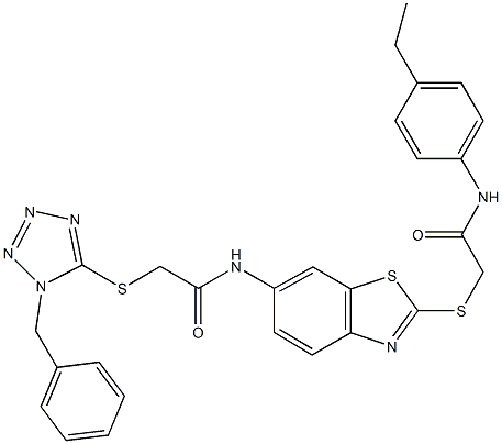 2-[(1-benzyl-1H-tetraazol-5-yl)sulfanyl]-N-(2-{[2-(4-ethylanilino)-2-oxoethyl]sulfanyl}-1,3-benzothiazol-6-yl)acetamide Structure