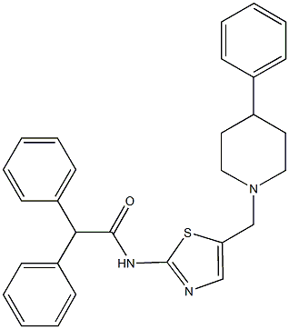 2,2-diphenyl-N-{5-[(4-phenyl-1-piperidinyl)methyl]-1,3-thiazol-2-yl}acetamide 化学構造式
