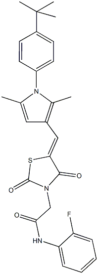 2-(5-{[1-(4-tert-butylphenyl)-2,5-dimethyl-1H-pyrrol-3-yl]methylene}-2,4-dioxo-1,3-thiazolidin-3-yl)-N-(2-fluorophenyl)acetamide 化学構造式