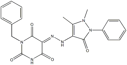 1-benzyl-2,4,5,6(1H,3H)-pyrimidinetetrone 5-[(1,5-dimethyl-3-oxo-2-phenyl-2,3-dihydro-1H-pyrazol-4-yl)hydrazone] Struktur