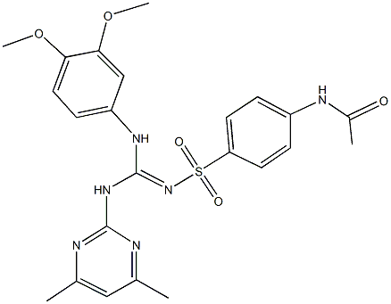 N-{4-[({(3,4-dimethoxyanilino)[(4,6-dimethyl-2-pyrimidinyl)amino]methylene}amino)sulfonyl]phenyl}acetamide 化学構造式