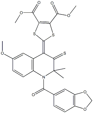 dimethyl 2-(1-(1,3-benzodioxol-5-ylcarbonyl)-6-methoxy-2,2-dimethyl-3-thioxo-2,3-dihydro-4(1H)-quinolinylidene)-1,3-dithiole-4,5-dicarboxylate,,结构式