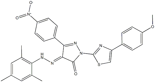 3-{4-nitrophenyl}-1-[4-(4-methoxyphenyl)-1,3-thiazol-2-yl]-1H-pyrazole-4,5-dione 4-(mesitylhydrazone),,结构式