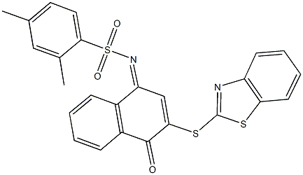 N-(3-(1,3-benzothiazol-2-ylsulfanyl)-4-oxo-1(4H)-naphthalenylidene)-2,4-dimethylbenzenesulfonamide 化学構造式