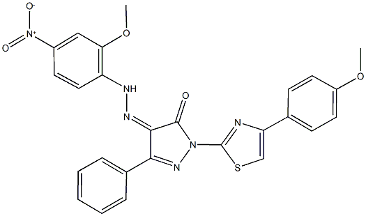 1-[4-(4-methoxyphenyl)-1,3-thiazol-2-yl]-3-phenyl-1H-pyrazole-4,5-dione 4-({4-nitro-2-methoxyphenyl}hydrazone) Struktur