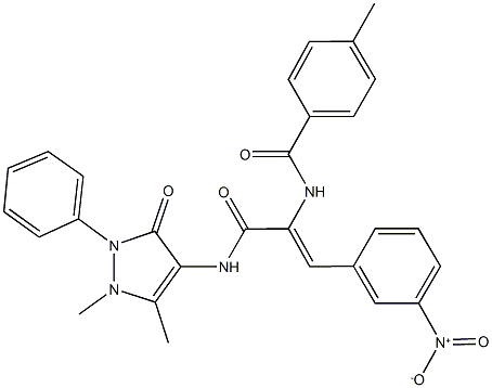 N-(1-{[(1,5-dimethyl-3-oxo-2-phenyl-2,3-dihydro-1H-pyrazol-4-yl)amino]carbonyl}-2-{3-nitrophenyl}vinyl)-4-methylbenzamide 化学構造式