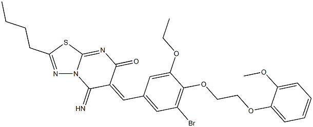 6-{3-bromo-5-ethoxy-4-[2-(2-methoxyphenoxy)ethoxy]benzylidene}-2-butyl-5-imino-5,6-dihydro-7H-[1,3,4]thiadiazolo[3,2-a]pyrimidin-7-one,,结构式