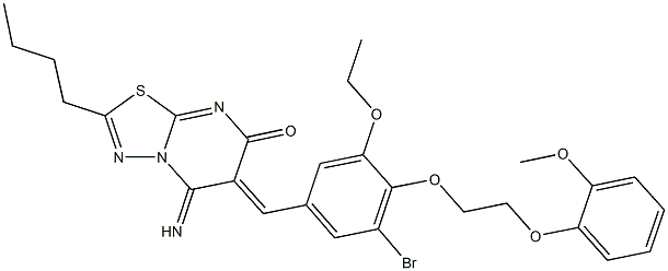 6-{3-bromo-5-ethoxy-4-[2-(2-methoxyphenoxy)ethoxy]benzylidene}-2-butyl-5-imino-5,6-dihydro-7H-[1,3,4]thiadiazolo[3,2-a]pyrimidin-7-one 化学構造式