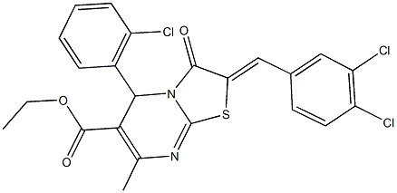 ethyl 5-(2-chlorophenyl)-2-(3,4-dichlorobenzylidene)-7-methyl-3-oxo-2,3-dihydro-5H-[1,3]thiazolo[3,2-a]pyrimidine-6-carboxylate 化学構造式
