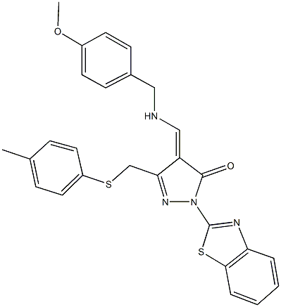 2-(1,3-benzothiazol-2-yl)-4-{[(4-methoxybenzyl)amino]methylene}-5-{[(4-methylphenyl)sulfanyl]methyl}-2,4-dihydro-3H-pyrazol-3-one Structure