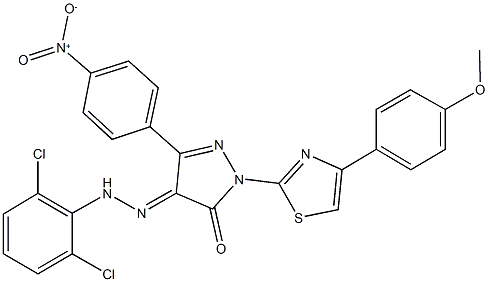 3-{4-nitrophenyl}-1-[4-(4-methoxyphenyl)-1,3-thiazol-2-yl]-1H-pyrazole-4,5-dione 4-[(2,6-dichlorophenyl)hydrazone] Structure