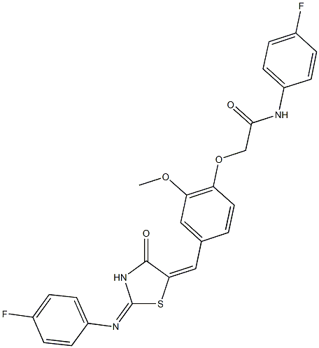 N-(4-fluorophenyl)-2-[4-({2-[(4-fluorophenyl)imino]-4-oxo-1,3-thiazolidin-5-ylidene}methyl)-2-methoxyphenoxy]acetamide Structure